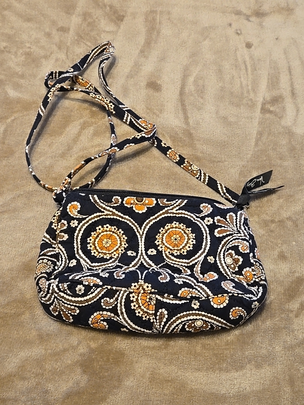 Vera Bradley Quilted Floral Crossbody Bag in Brown and Mustard 8x4"